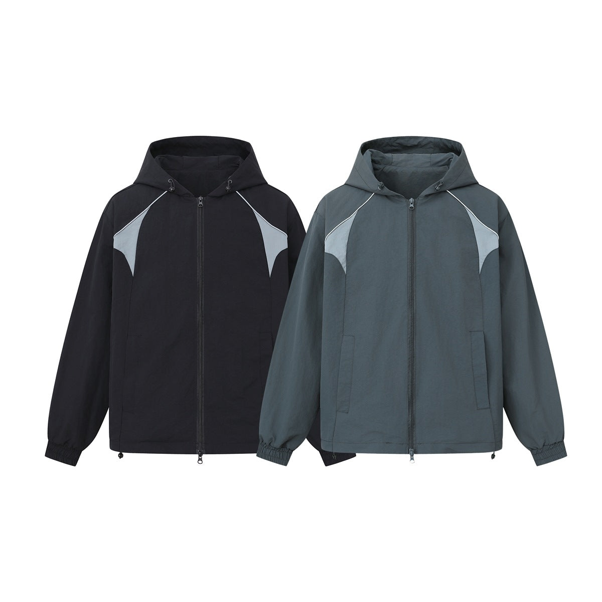Two front views of hooded zip jackets: one black and one dark gray, both with light contrast panels.