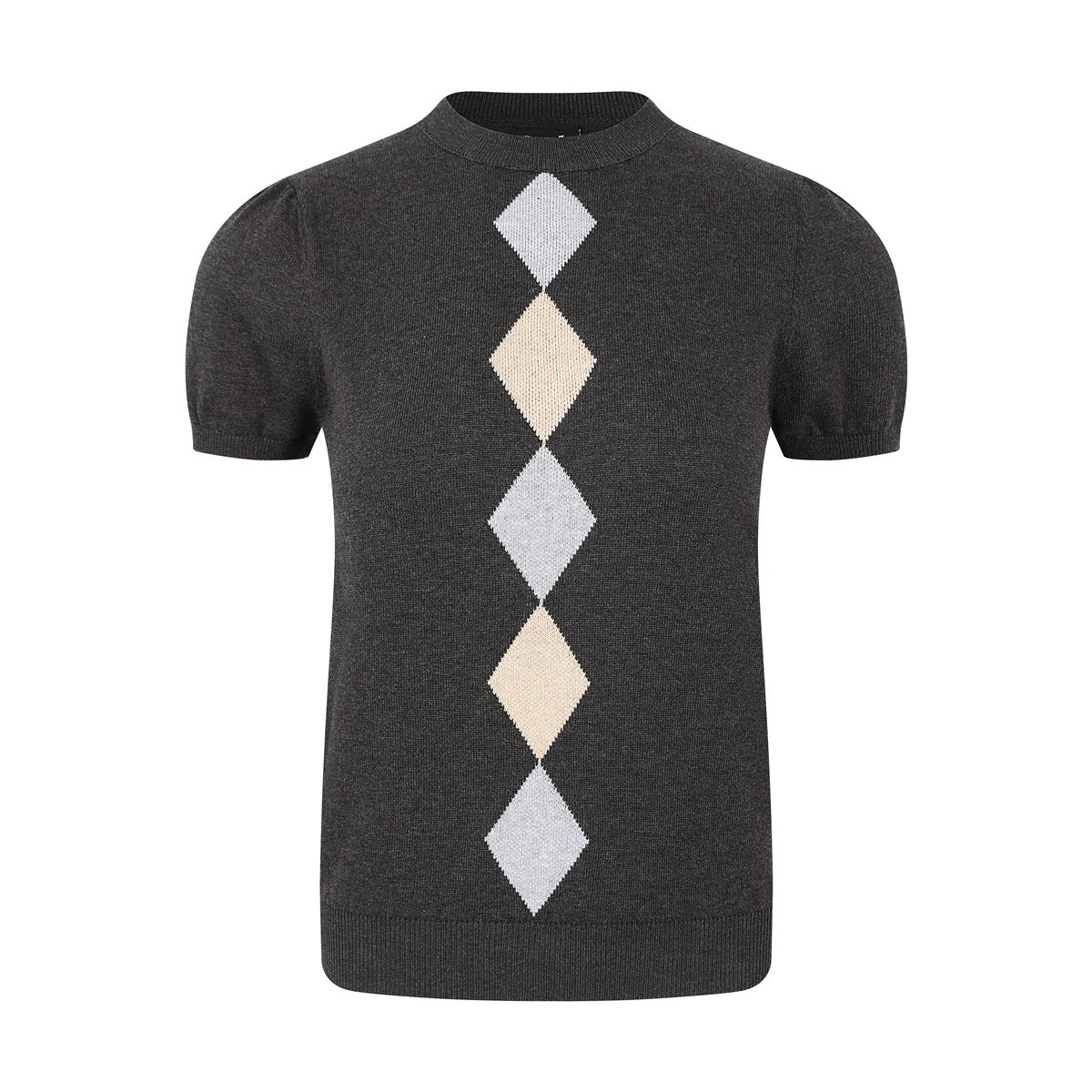 Dark gray short-sleeve knit top with gray and beige argyle diamonds down the front, flat lay on white