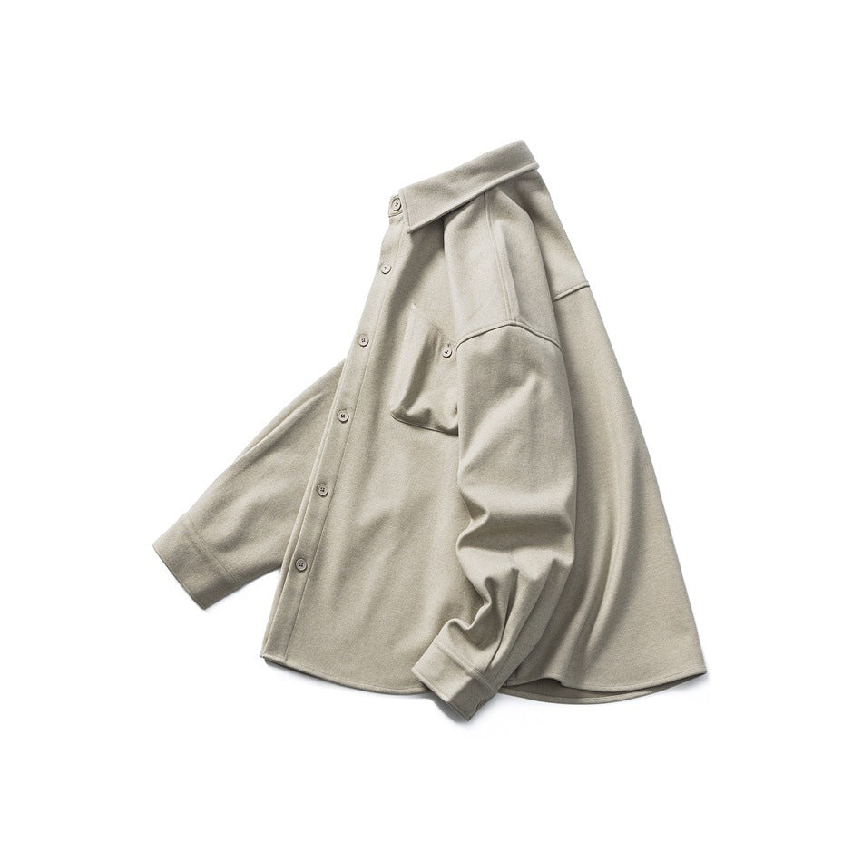 Beige-gray button-front shirt jacket shown laid flat, with a wide collar, long sleeves, and a buttoned chest pocket.