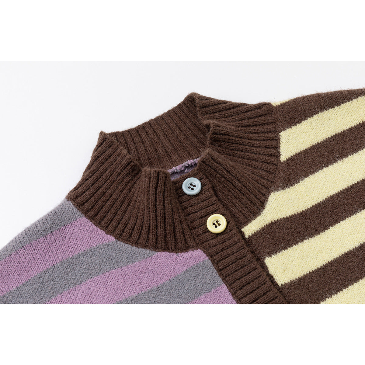 Close-up of a multicolored striped cardigan's dark brown ribbed collar and button placket.