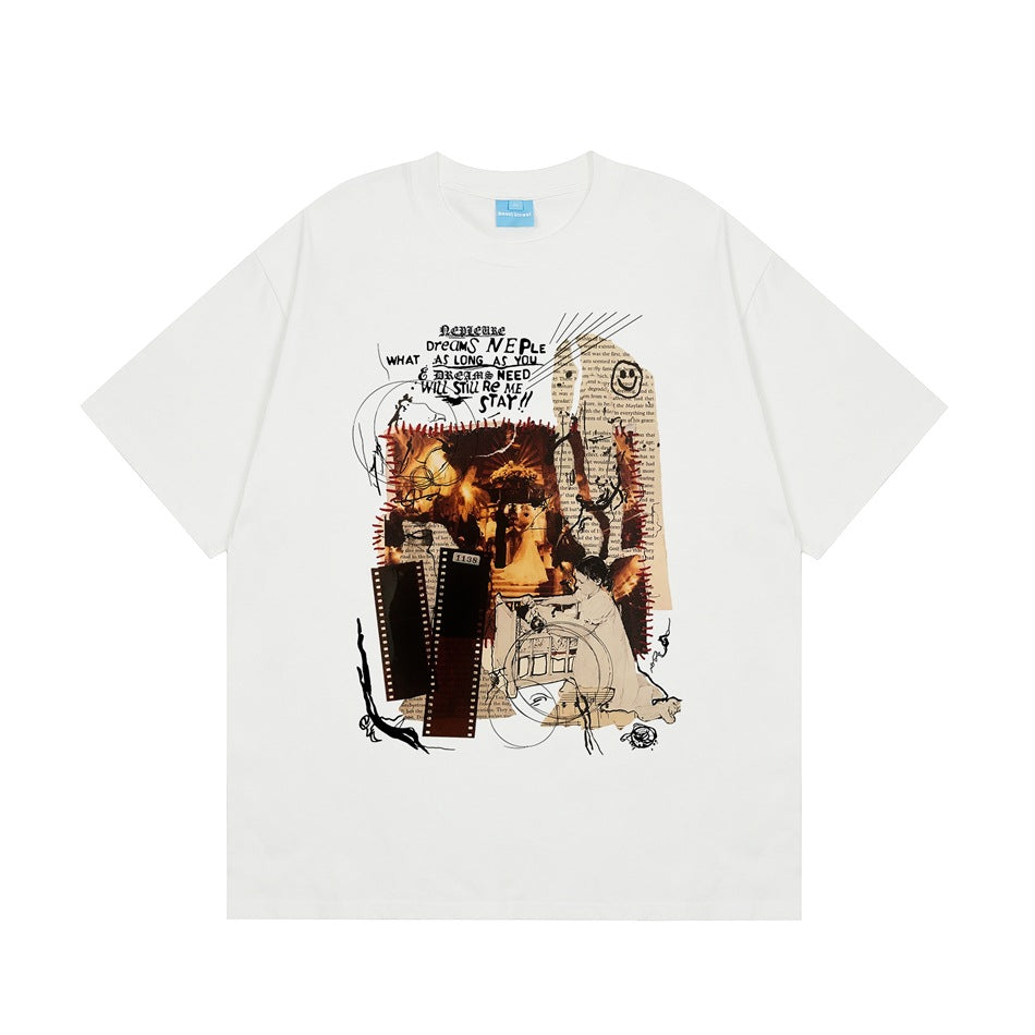 White short-sleeve crew-neck T-shirt with a large collage graphic of film strips, newspaper scraps and handwritten text