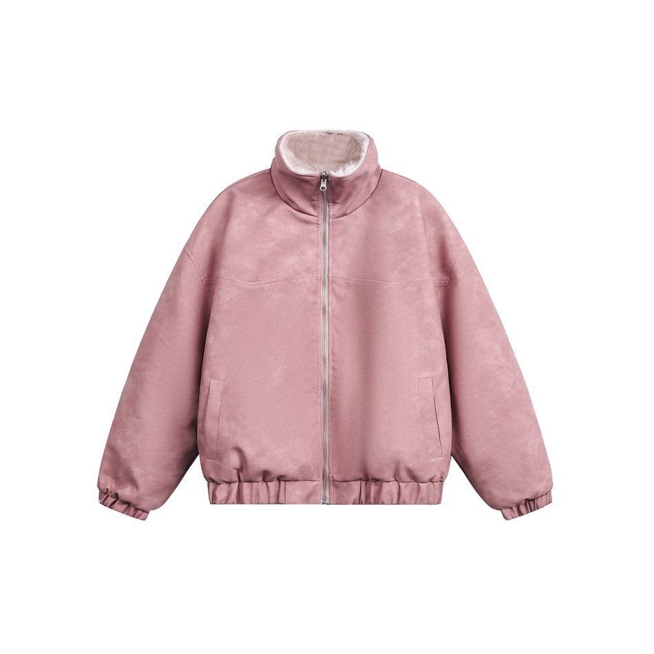 Pink stand-collar zip jacket with matte faux-suede look, slanted pockets, elastic hem and cuffs, and pale plush collar