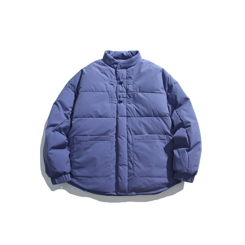 Purple-blue stand-collar quilted puffer jacket with frog knot fasteners and patch pockets, front flat lay