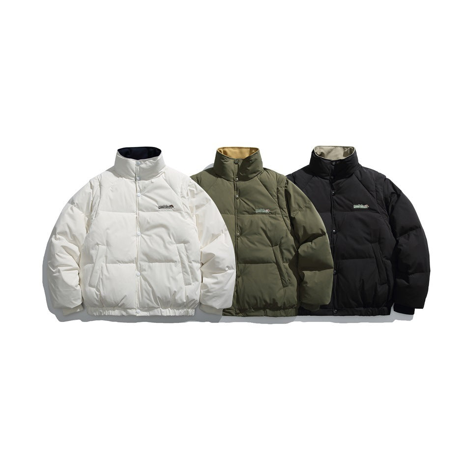 Three padded high-collar jackets shown together in white, olive green, and black.