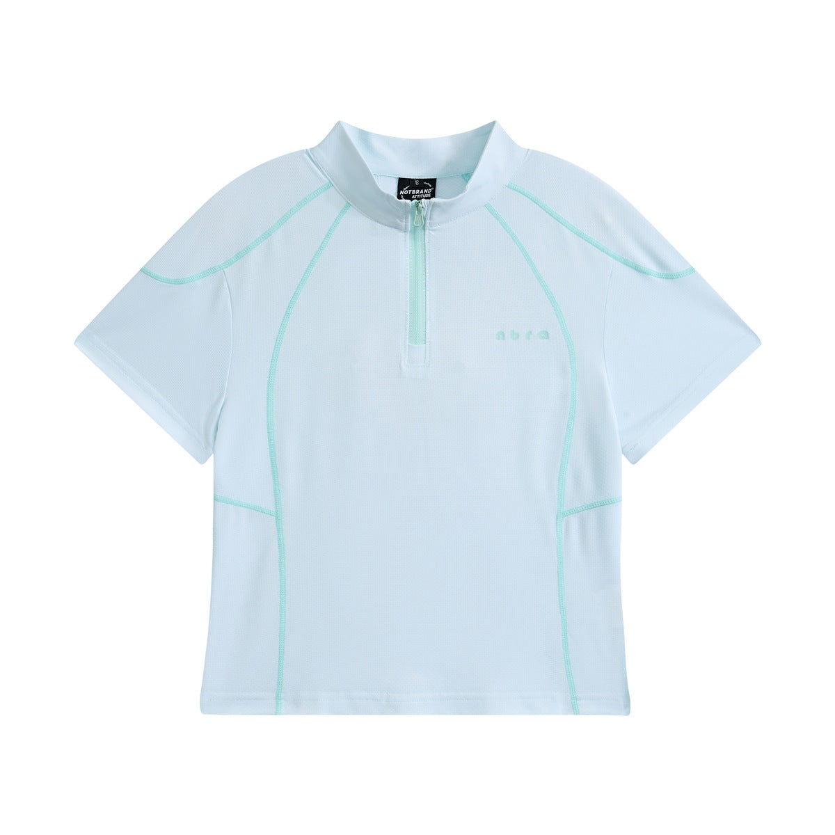 Light blue short-sleeve half-zip top with mint contrast stitching and a stand collar, flat front view