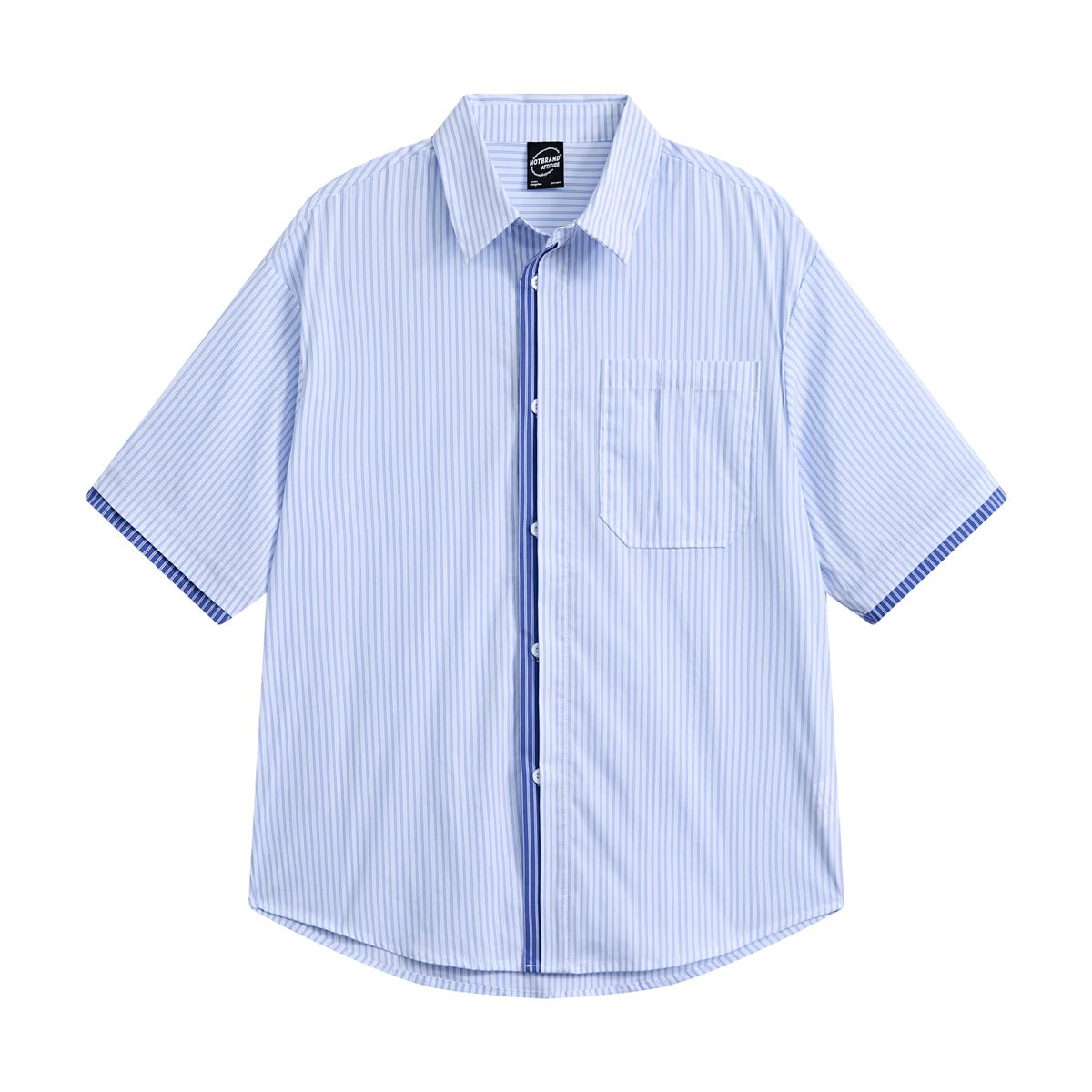 Light blue and white striped short-sleeve shirt, front view, with darker blue striped placket, chest pocket and cuffs