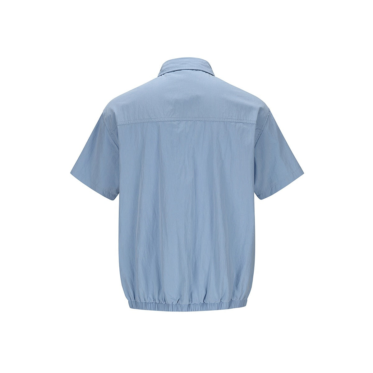 Back view of a light blue short-sleeve button-up shirt with a yoke seam and gathered hem.