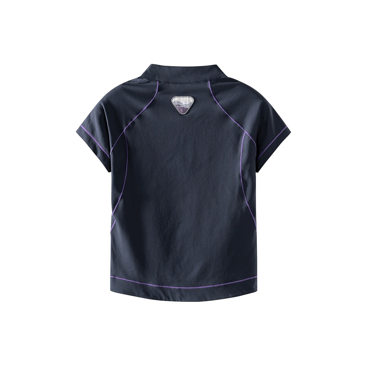 Back view of a dark navy short-sleeve top with a stand collar, purple contrast piping, and a small upper-back patch.