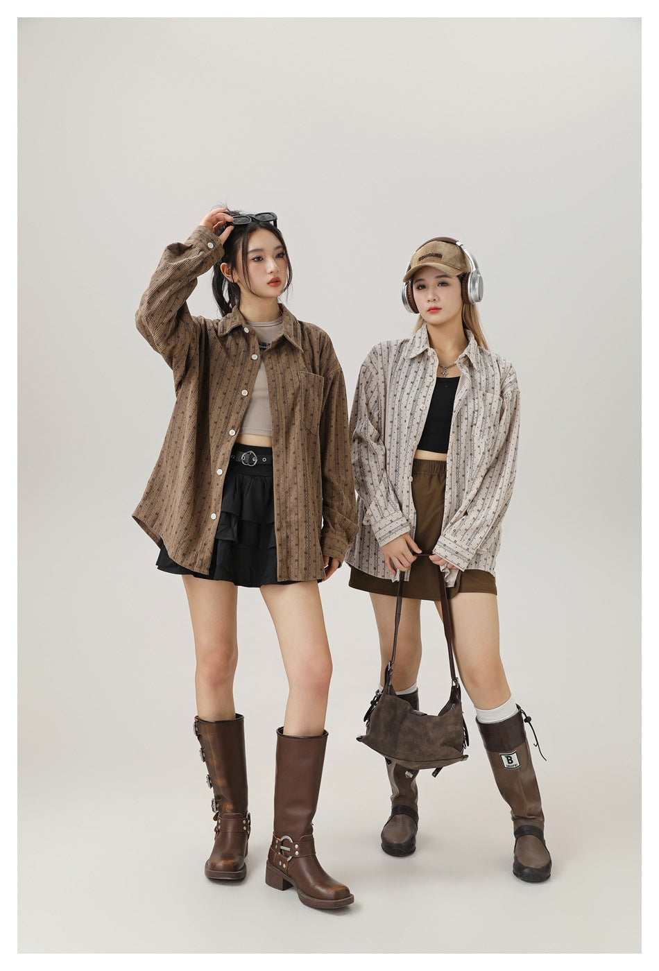 Two models wear oversized patterned button-up shirts in brown and light beige, styled with skirts and tall boots.