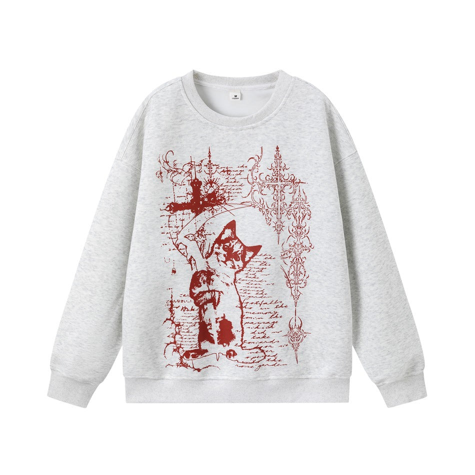 Light gray crewneck sweatshirt with red cat and ornate cross graphic on the front