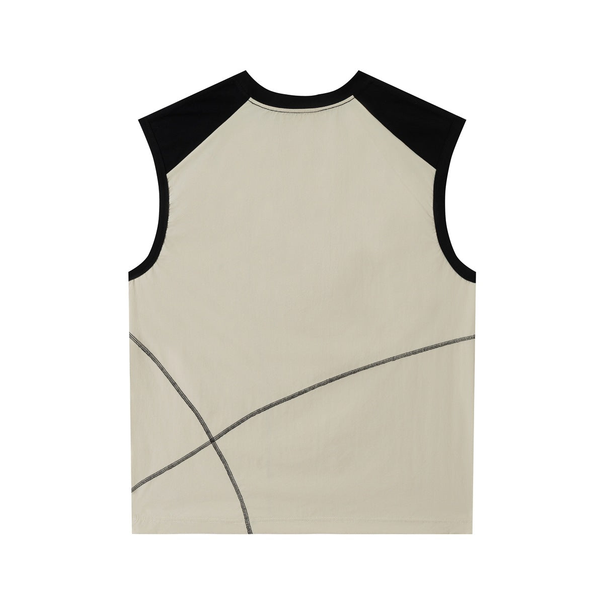 Back view of beige sleeveless tank top with black shoulders and curved dark contrast stitching on lower back