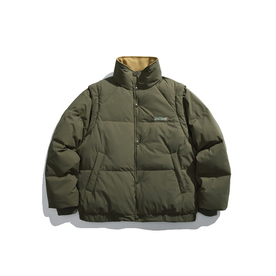 Front view of an olive-green quilted puffer jacket with a high collar, snap-front closure, and angled pockets.