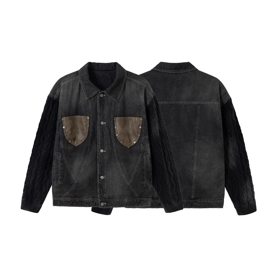 Front and back views of a charcoal denim jacket with black cable-knit sleeves and brown chest pockets.