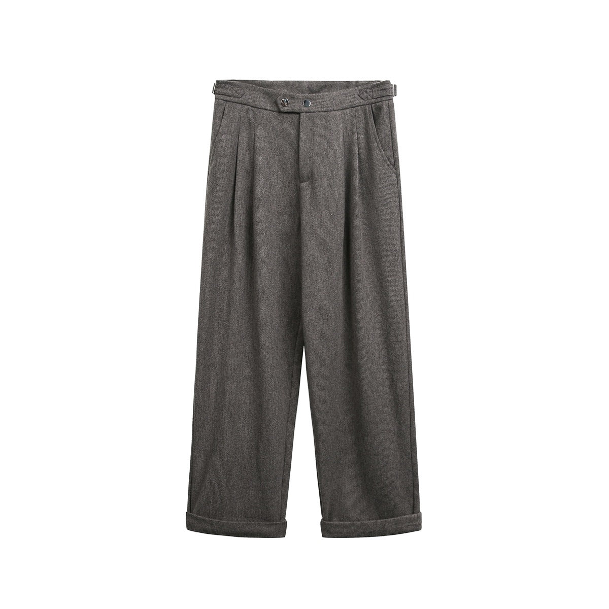 Gray heathered pleated wide-leg trousers, front view, with side buckle tabs, snap-tab waist and cuffed hems