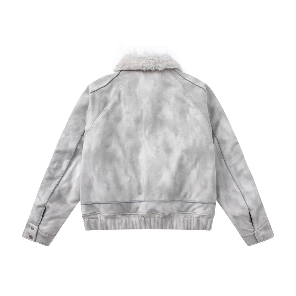 Back view of light gray mottled jacket with fluffy collar, raglan seams, snap cuffs and elastic hem