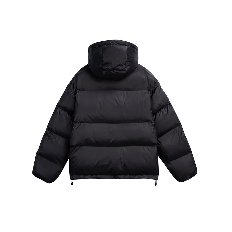 Black hooded puffer jacket, back view, with horizontal quilted channels and drawstring toggles at the hem