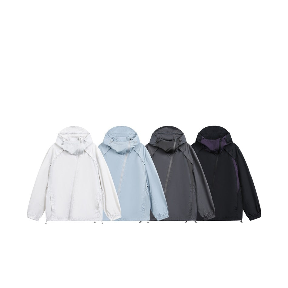 Four hooded windbreakers shown together in white, pale blue, charcoal gray, and black with purple accents.