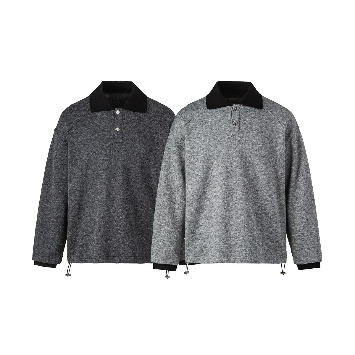 Two long-sleeve gray pullover tops, one dark and one light, with black polo collars and button plackets.