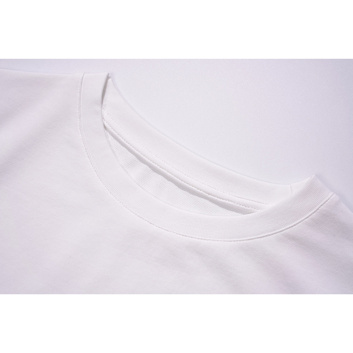 Close-up of a plain white crew neckline and ribbed collar on a shirt.