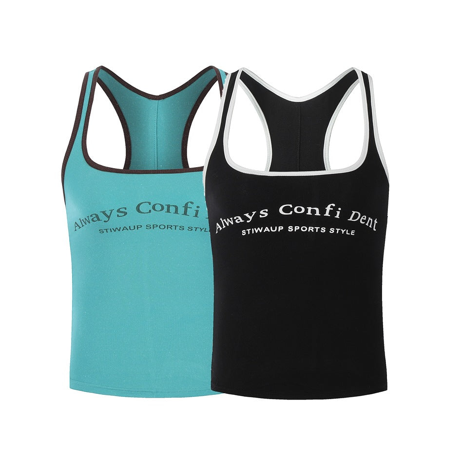 Two racerback tank tops shown from the front: turquoise with dark trim and black with white trim, both with printed