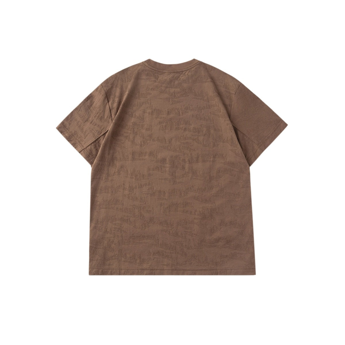 Back view of a brown short-sleeve crew-neck T-shirt with a subtle all-over pattern.