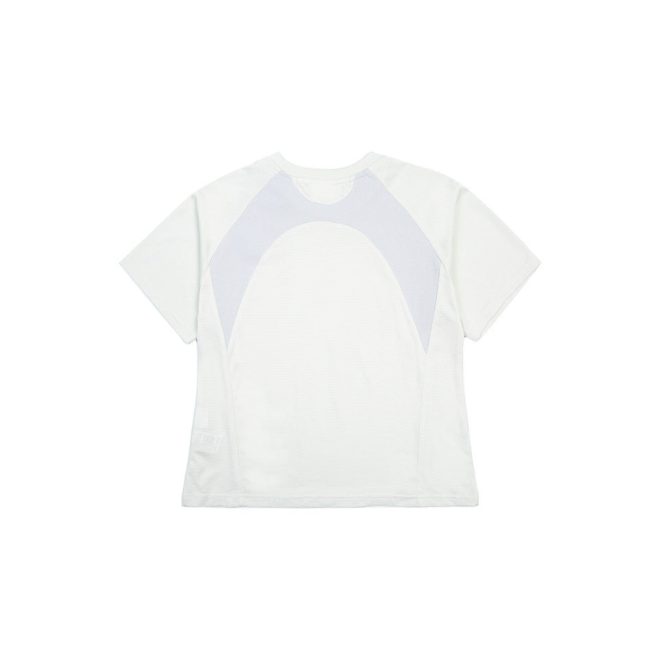 Flat front view of a white short-sleeve crew-neck tee with pale gray curved panels.