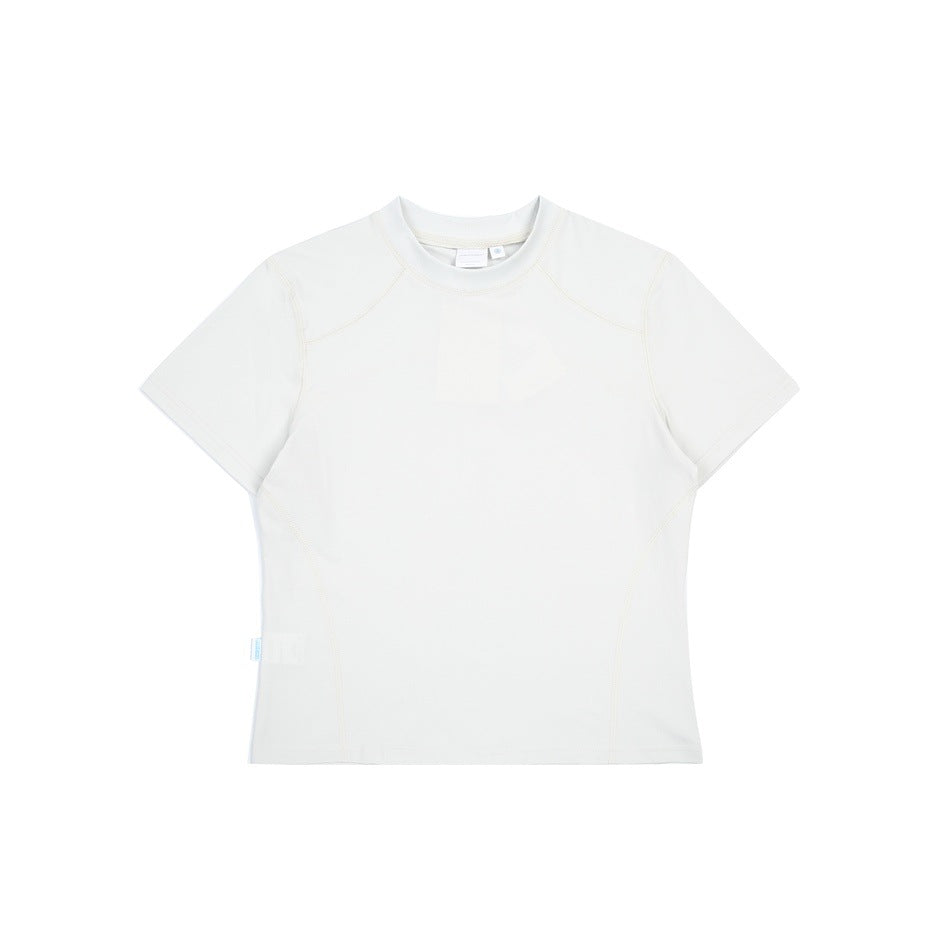 White short-sleeve crew-neck T-shirt with raglan seams and curved side seams, flat lay front view