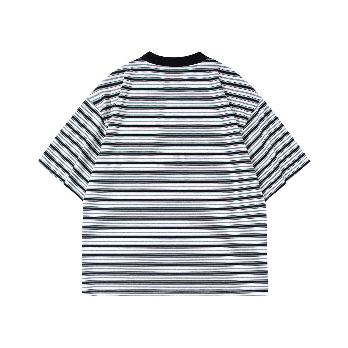Back view of a black-and-white striped short-sleeve T-shirt with a black crew neck.