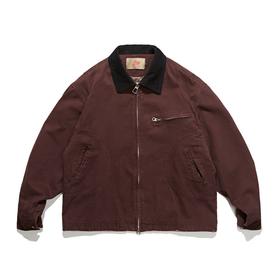 Dark red washed zip-front jacket with black corduroy-style collar, chest zip pocket and curved side pockets