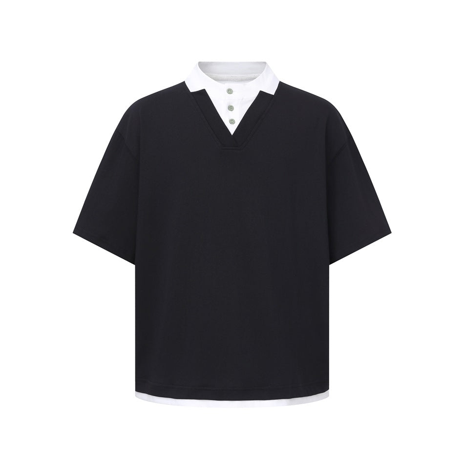 Black short-sleeve V-neck tee with white collar, three-button placket and white layered hem, flat front view