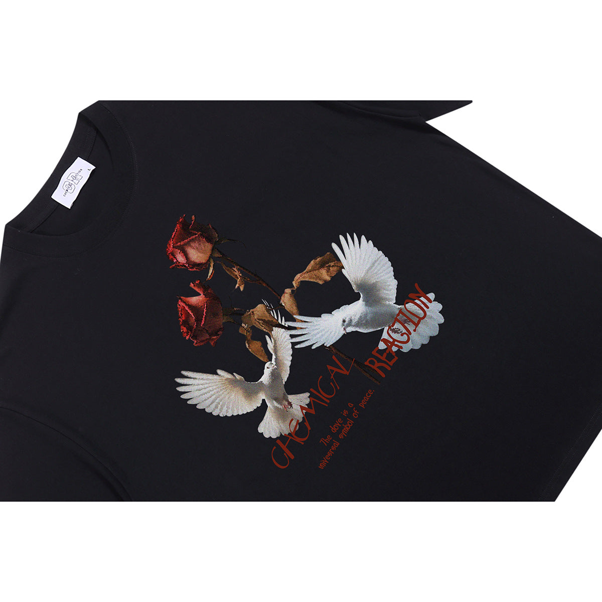Angled view of a black T-shirt with a chest graphic of doves, roses, and red English lettering.
