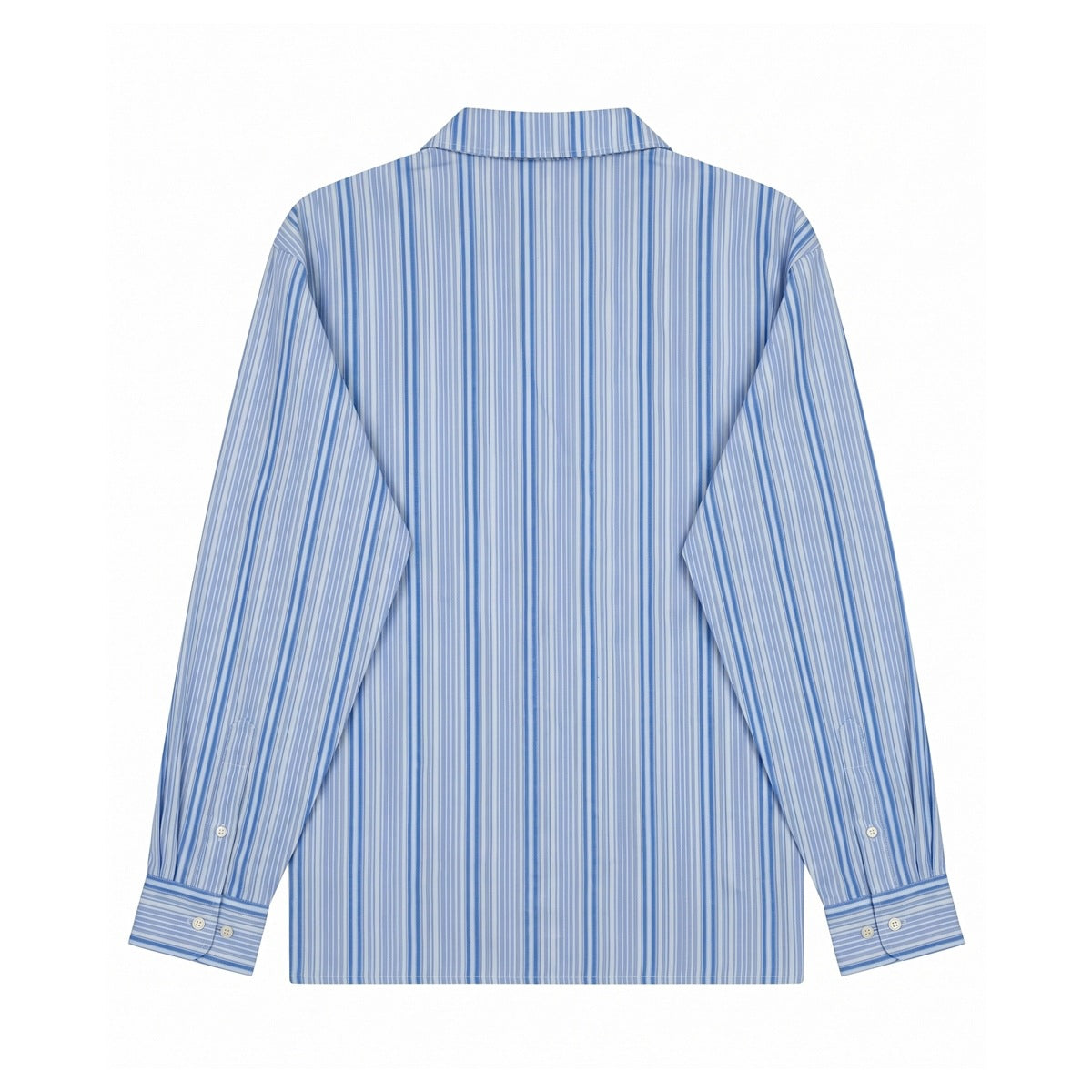 Back view of blue and white striped long-sleeve shirt with button cuffs and sleeve plackets