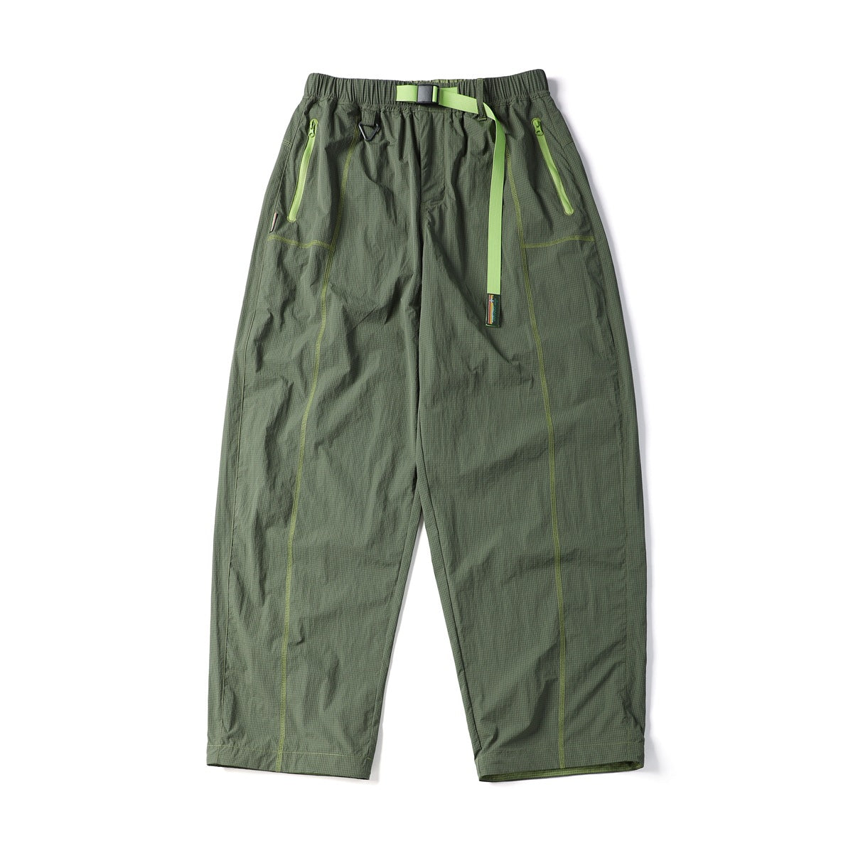 Army green wide-leg pants with lime green belt, zip pockets and contrast stitching, flat lay front view