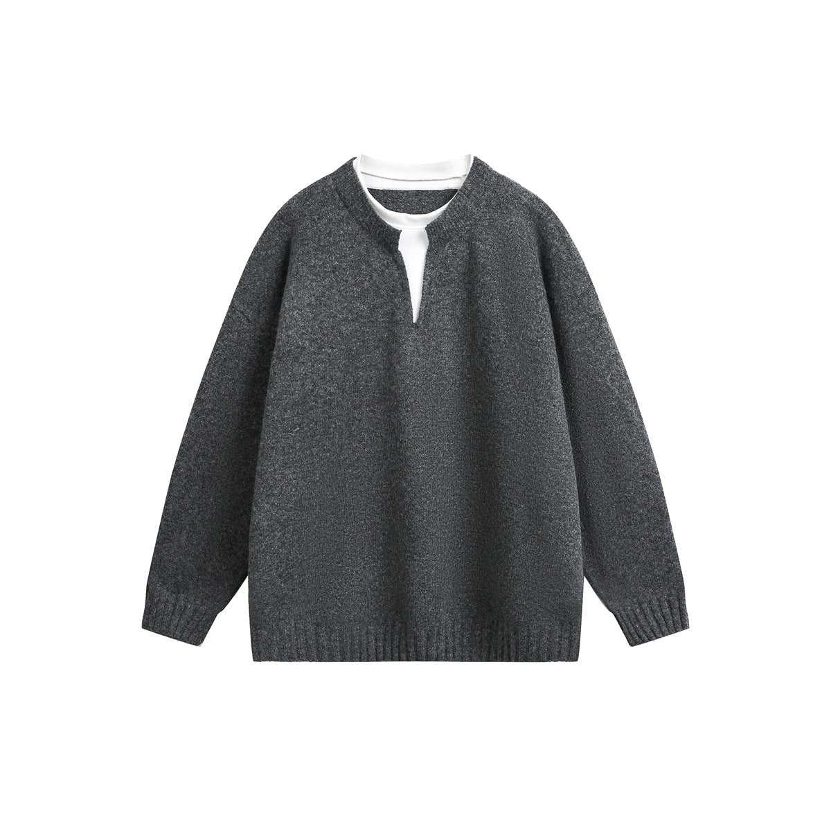 Dark gray knit pullover sweater with notched V neckline and white layer at the collar, flat front view