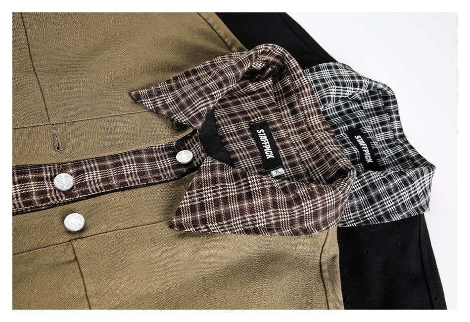 Close-up of khaki and black overshirts showing brown and black plaid collars and button details.
