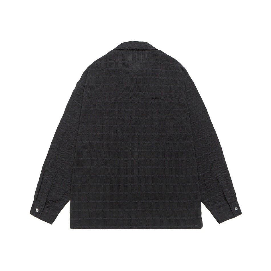 Back view of a black long-sleeve button-up shirt with a subtle horizontal textured pattern.