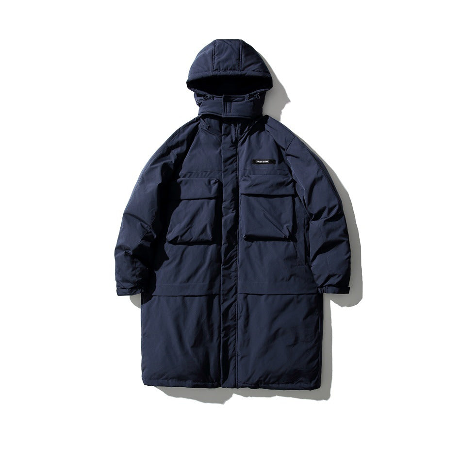Navy long hooded padded coat flat lay, front view with large flap chest pockets and front placket