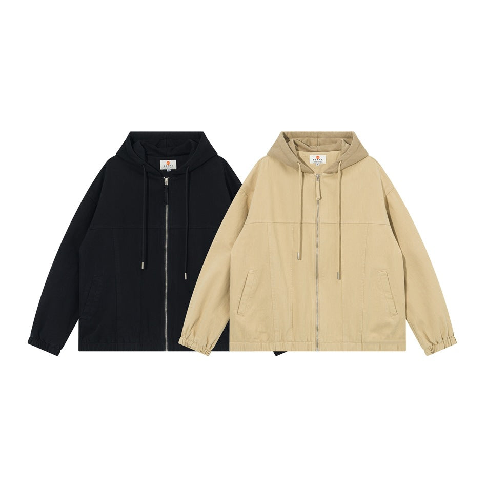 Front views of hooded zip jackets in black and light beige, with drawstrings, slanted pockets, and elastic cuffs.