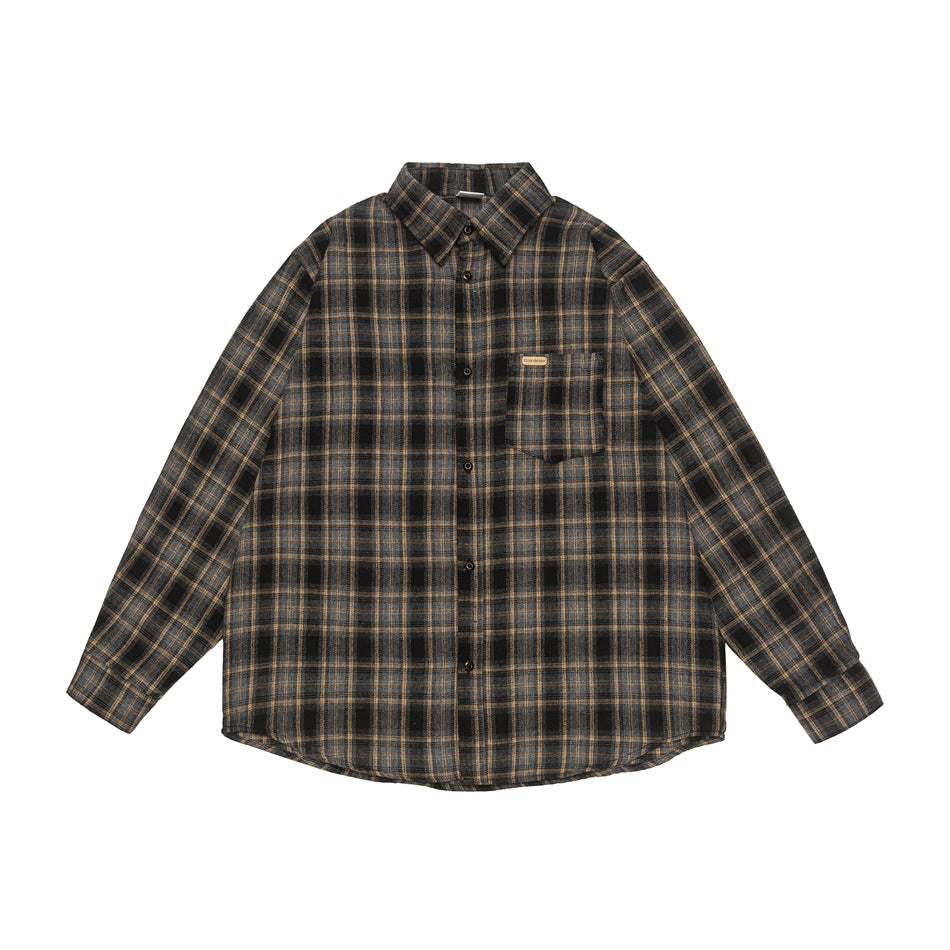 Gray and black plaid long-sleeve button-up shirt with tan stripes and chest pocket, laid flat, front view