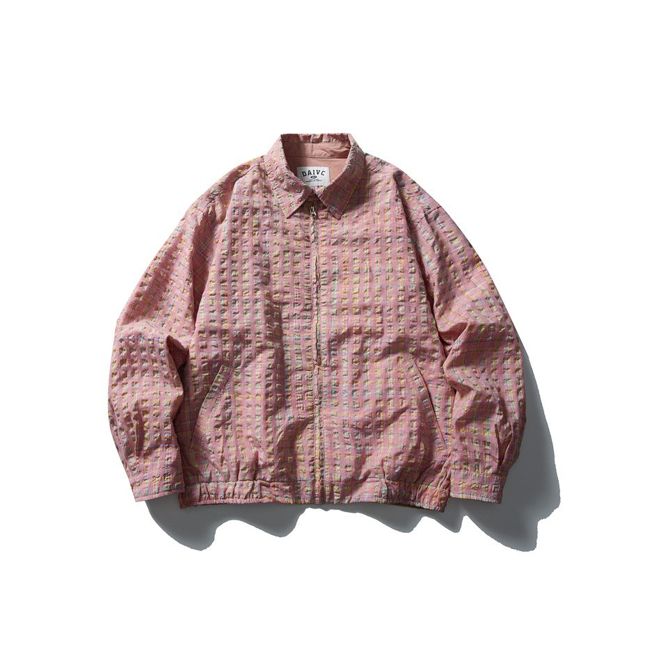 Pink textured check zip-front collared jacket with slant pockets and elasticated hem, flat lay front view