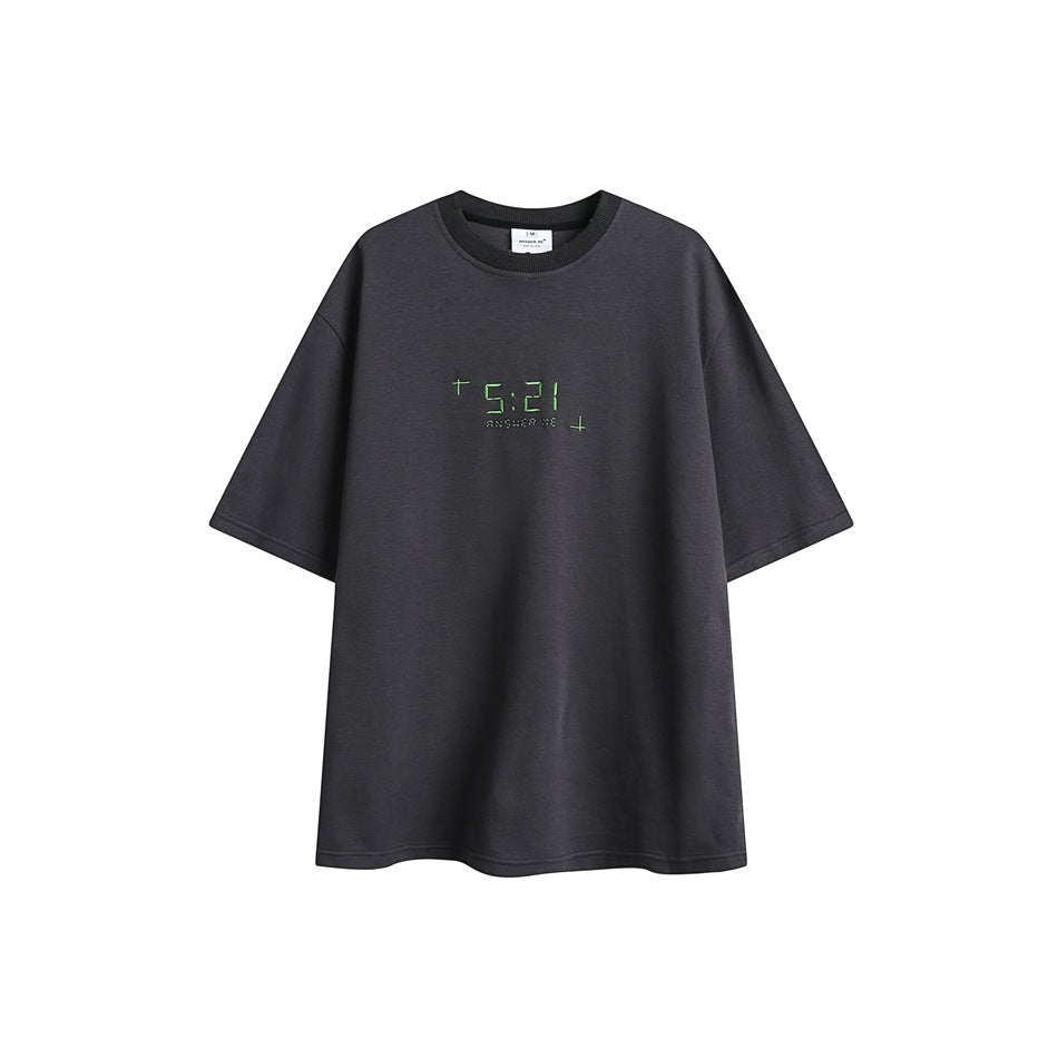 Charcoal black short-sleeve crew-neck T-shirt with green embroidered 5:21 graphic and ribbed collar