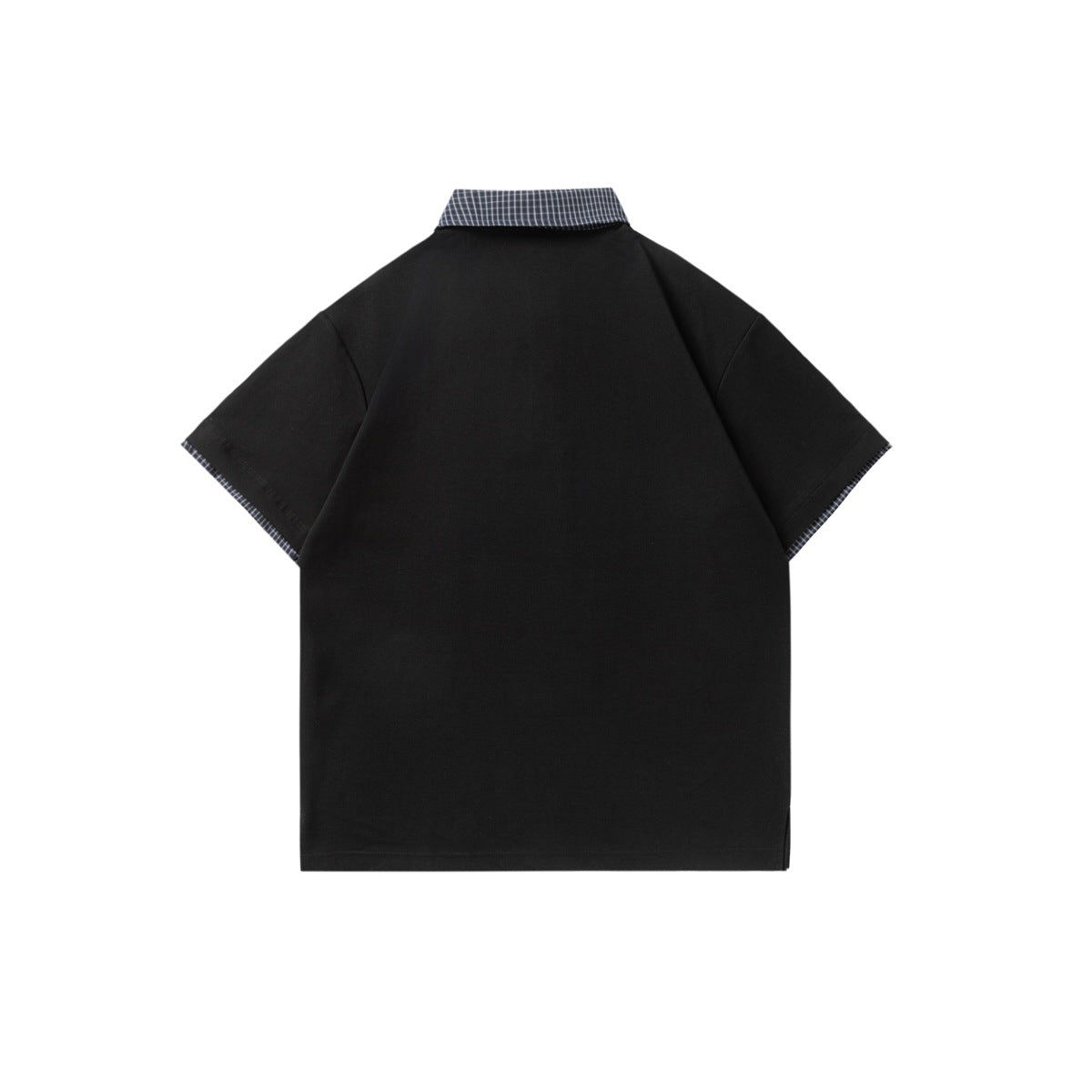 Back view of a black short-sleeve polo shirt with checked trim on the collar and sleeve edges.