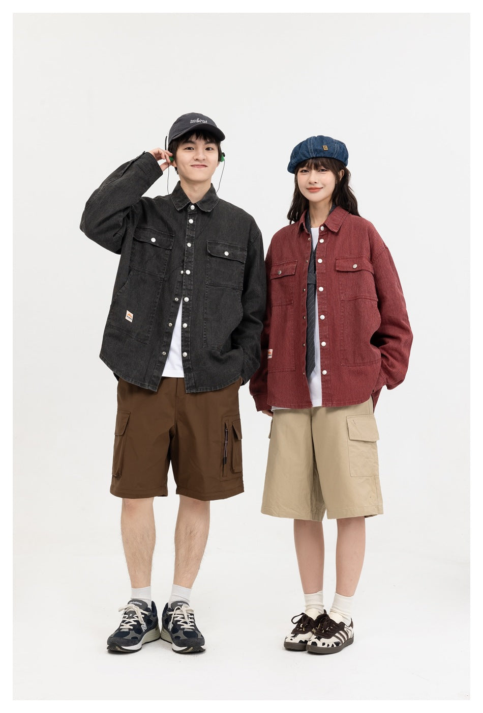 Two models wearing charcoal and muted red button-up overshirts with flap chest pockets.