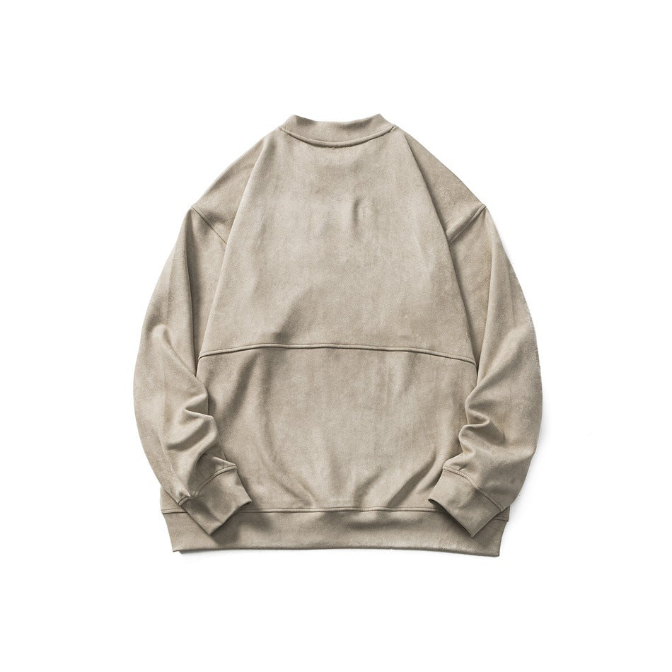 Back view of light brown suede-look pullover sweatshirt with horizontal back seam and ribbed cuffs and hem