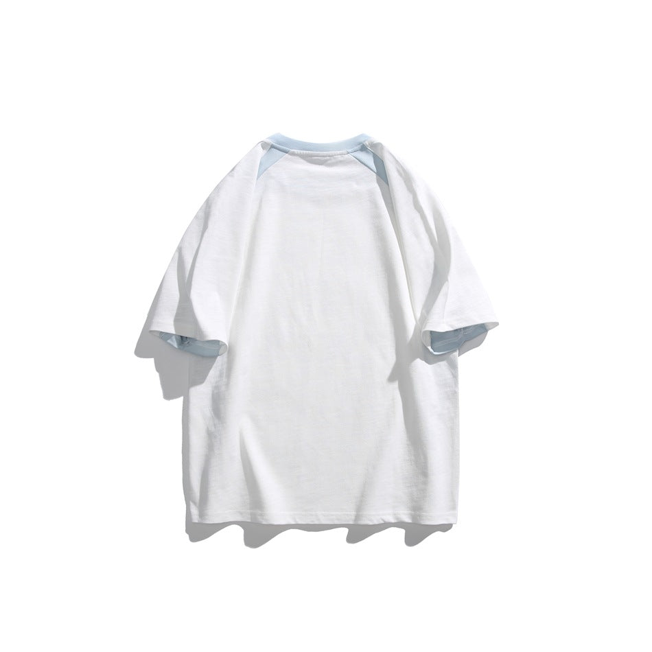 Back view of a white short-sleeve T-shirt with pale blue raglan shoulder and sleeve accents, displayed flat.
