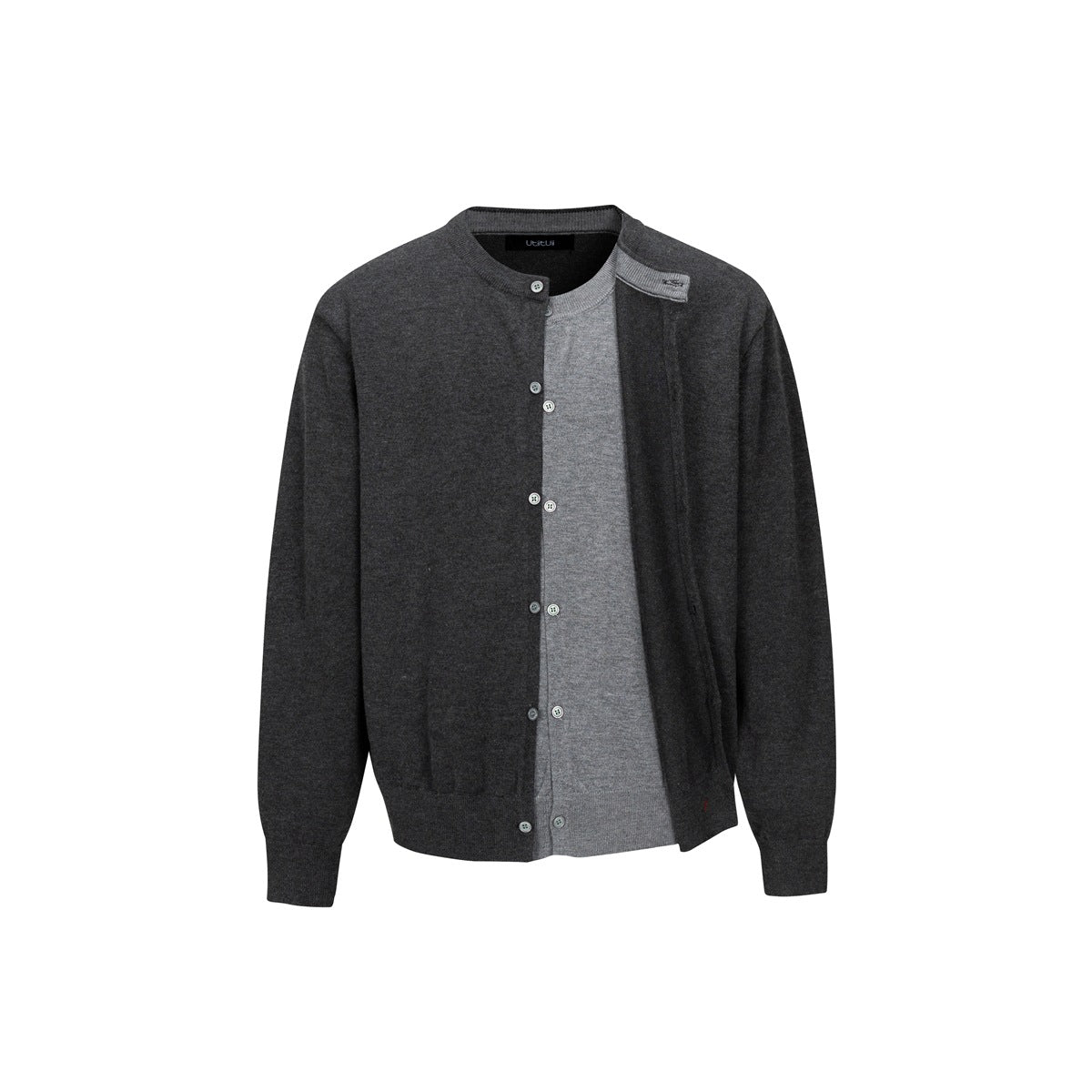 Dark gray knit cardigan with light gray inner layer, round neck and button front, flat front view