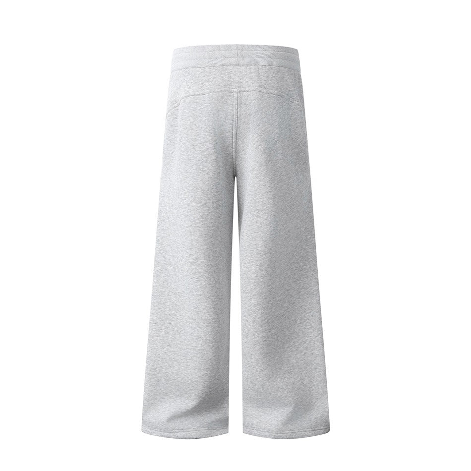 Back view of light gray wide-leg sweatpants with an elastic waistband and a single rear pocket.