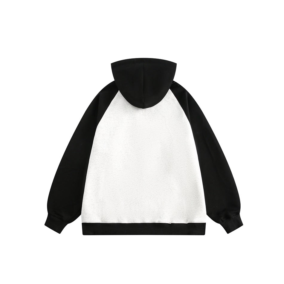 Back view of black and light gray raglan hoodie with black hood, sleeves and ribbed hem