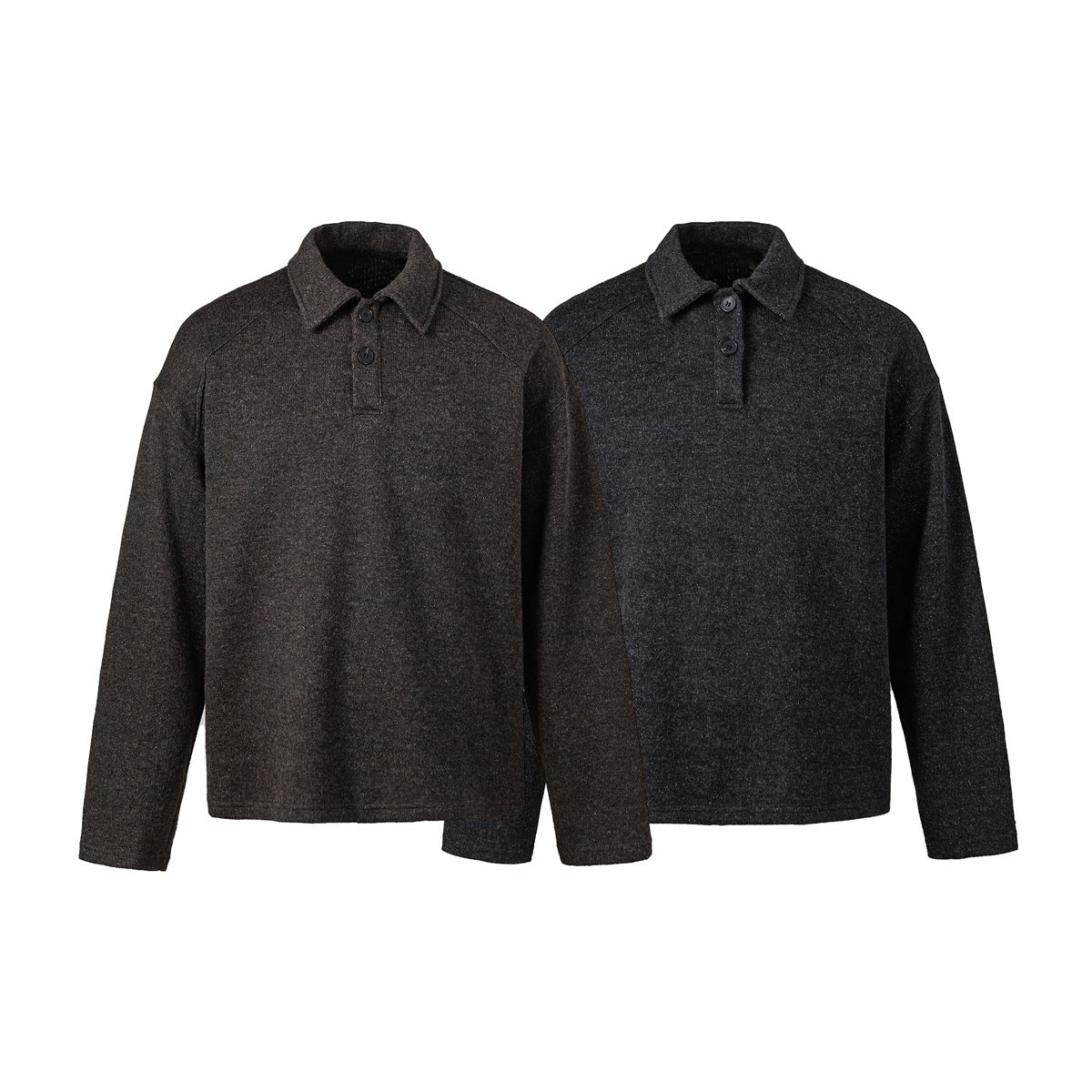 Front view of two long-sleeve collared pullovers, one dark brown and one charcoal, each with a button placket.
