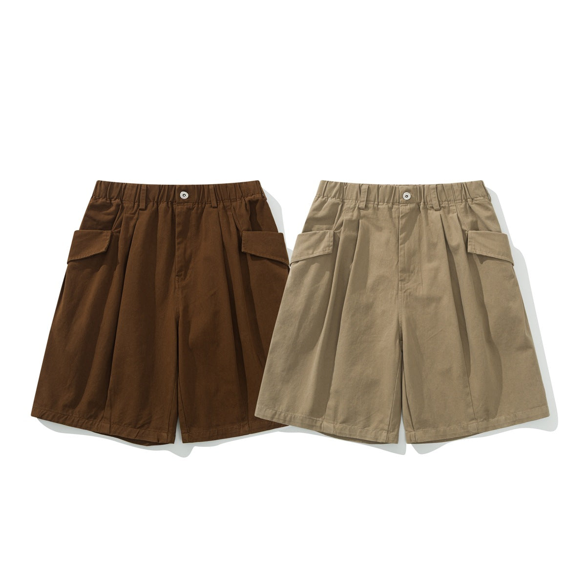 Front view of wide-leg cargo shorts in dark brown and khaki, with gathered waistbands and flap pockets.